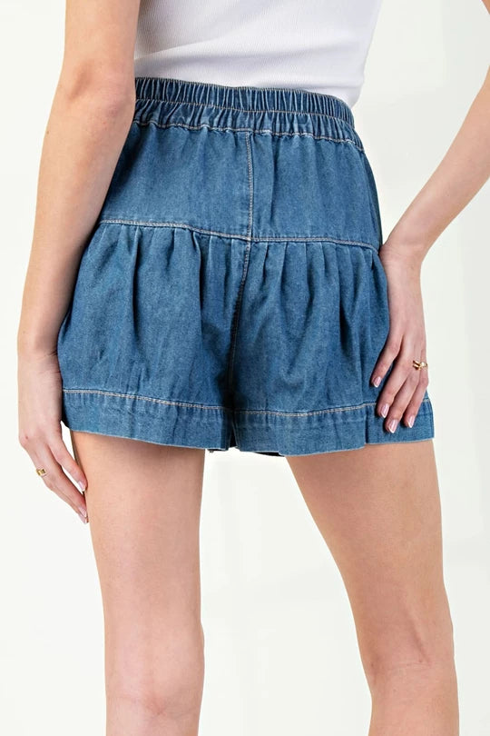 Pleated Denim Shorts