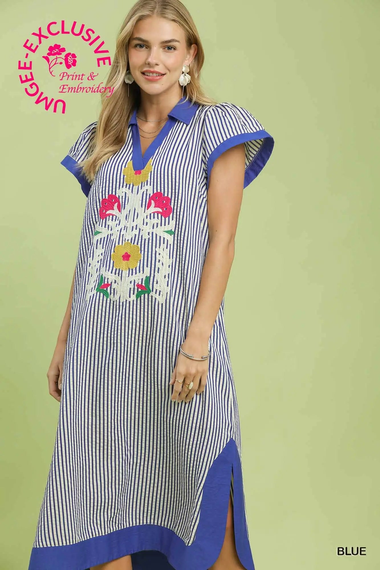 umgee blue and white dress Embroidered Stripe | Shrug Marie's® Lite Chunky Blue giving this dress that Size:6 Pants