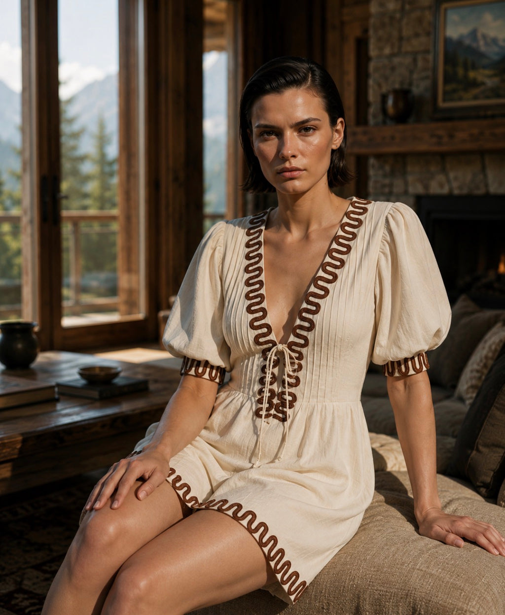 Woman in a white dress with brown embroidery sitting in a cozy room with mountain views.