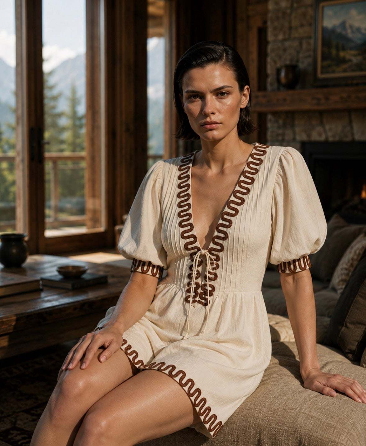 Woman in a white dress with brown embroidery sitting in a cozy room with mountain views.