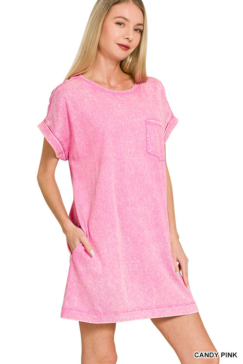 Woman wearing a pink nightshirt on a white background