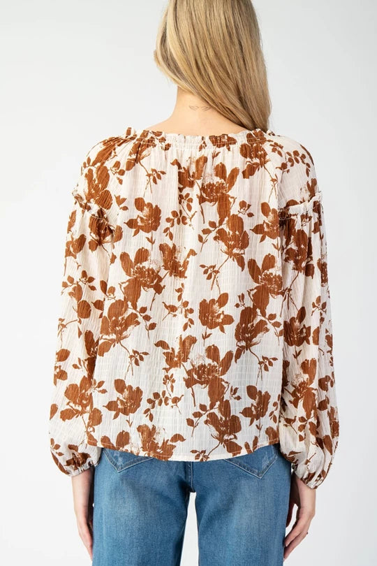 Brown Floral Printed Blouse Top