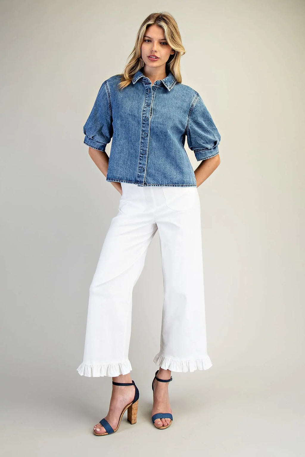 Denim Button Down Puff Sleeve Top