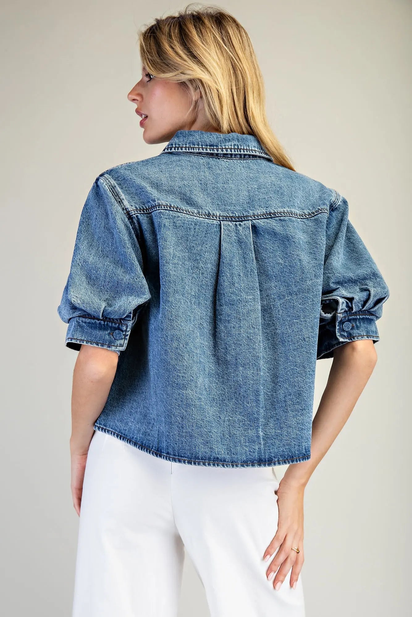 Denim Button Down Puff Sleeve Top