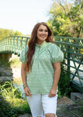 Layerz clothing brand blouse puff sleeve ruffle neck green and white short sleeve
