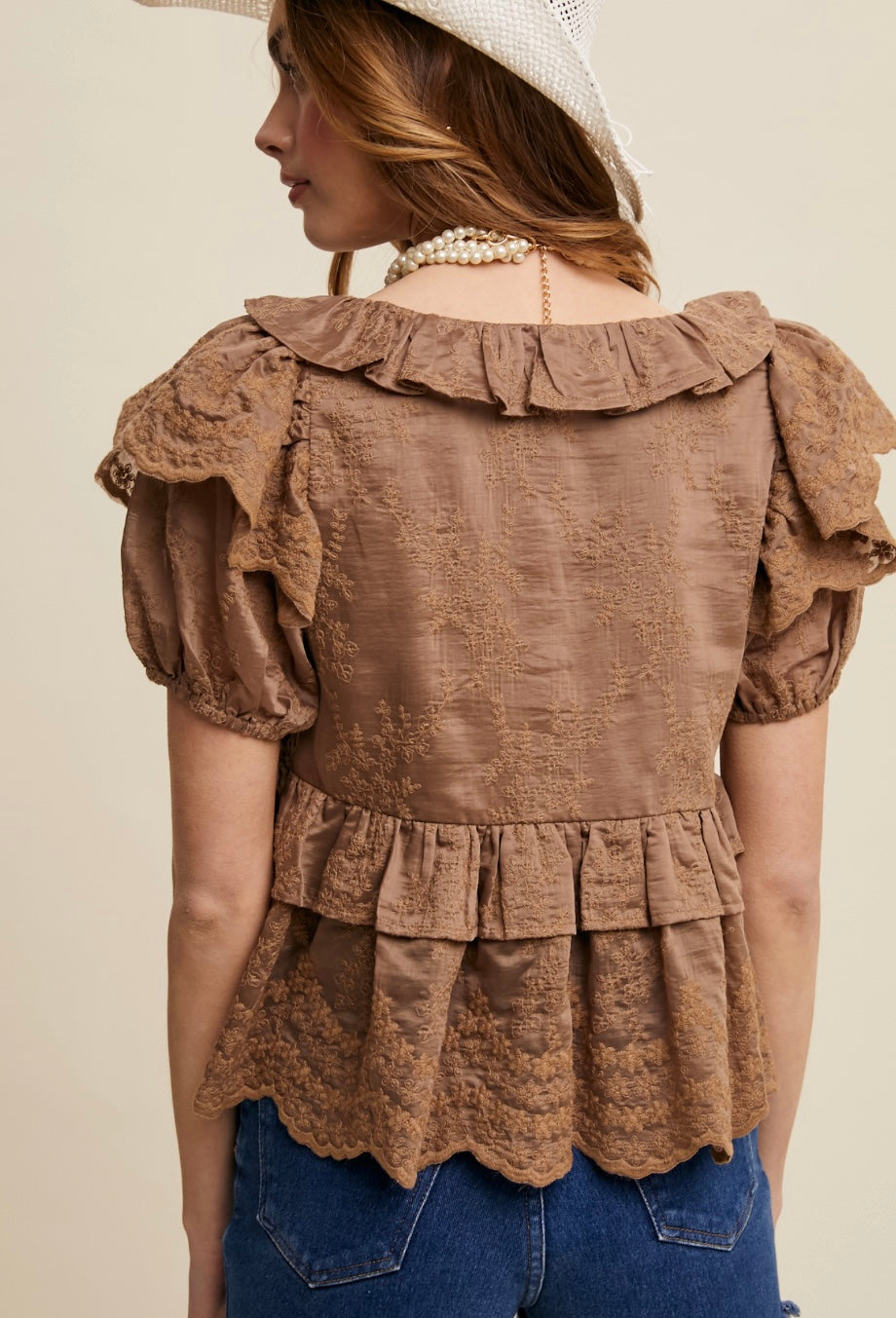 Embroidered Ruffled Peplum Blouse