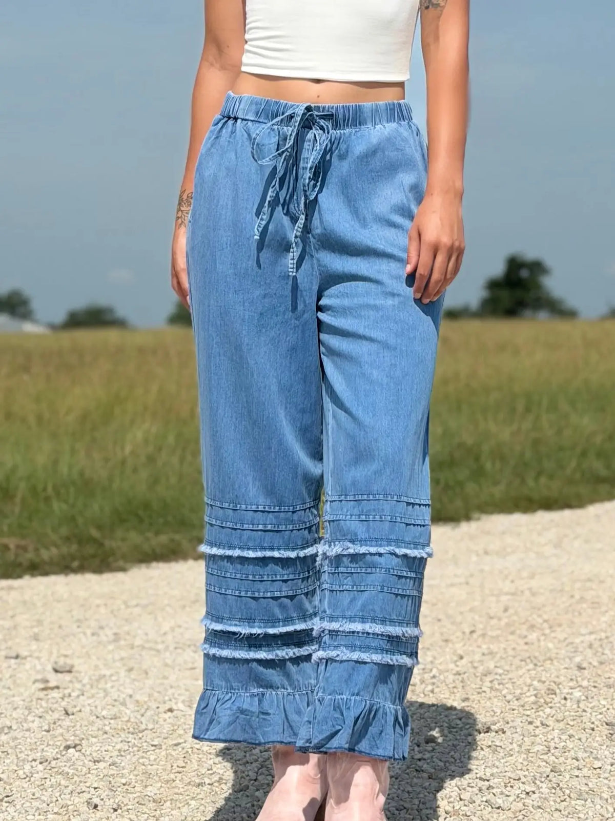 Destiny Ruffled Hem Chambray Pants