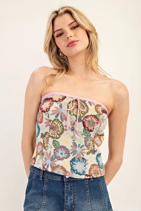 Strapless Floral Tapestry Crop Top