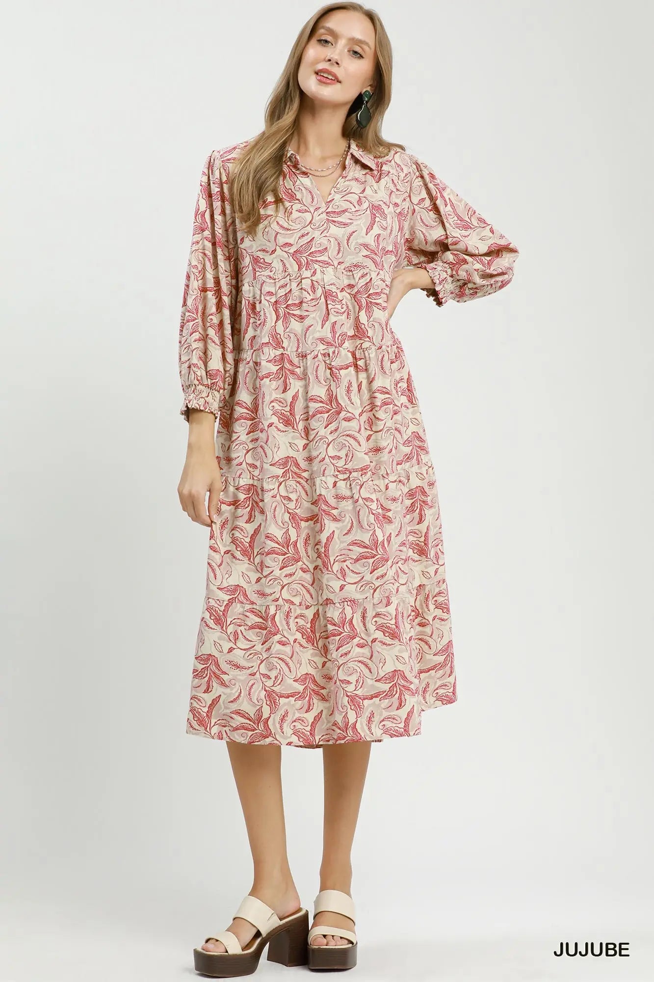 Woman wearing a floral dress on a white background with 'JUJUBE' branding.