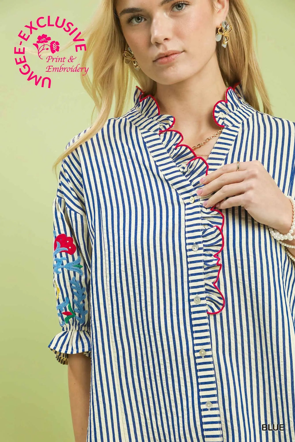Embroidered Ruffle Trim Stripe Blouse
