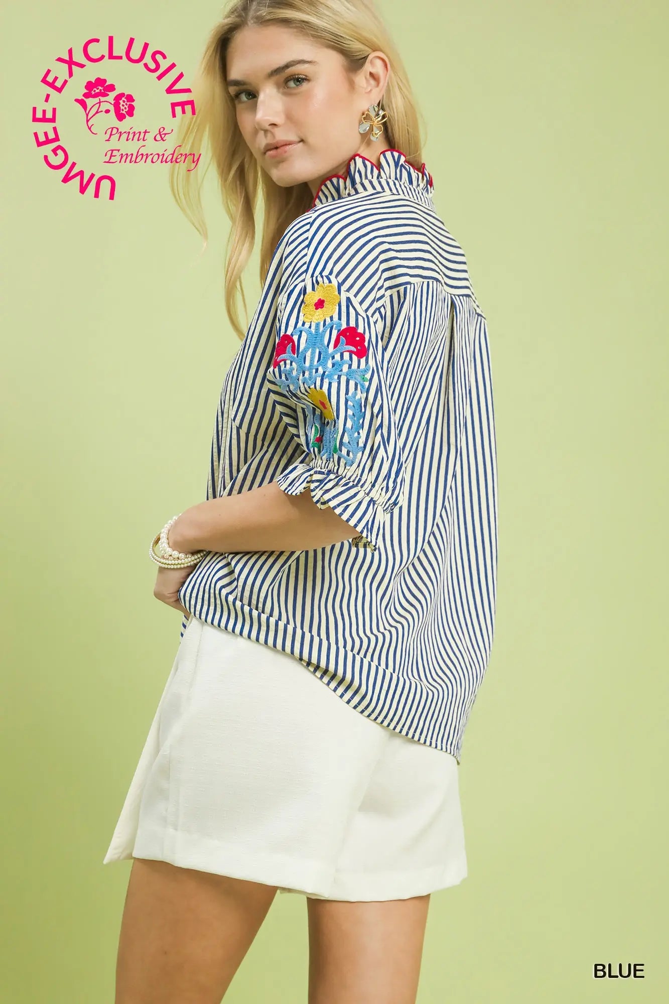Embroidered Ruffle Trim Stripe Blouse