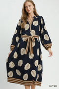 Mix Leaf Print Belted Midi Dress
