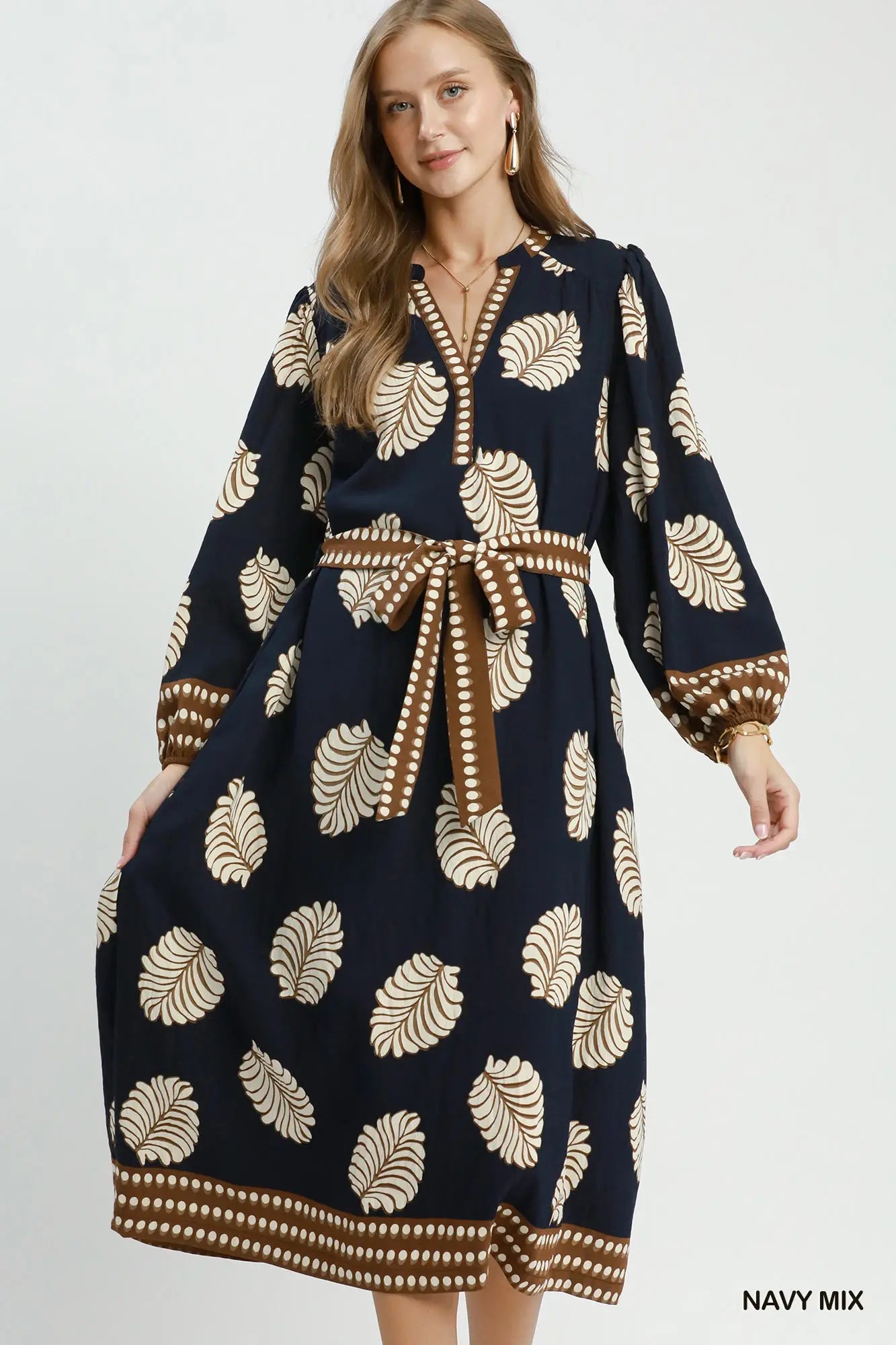 Mix Leaf Print Belted Midi Dress