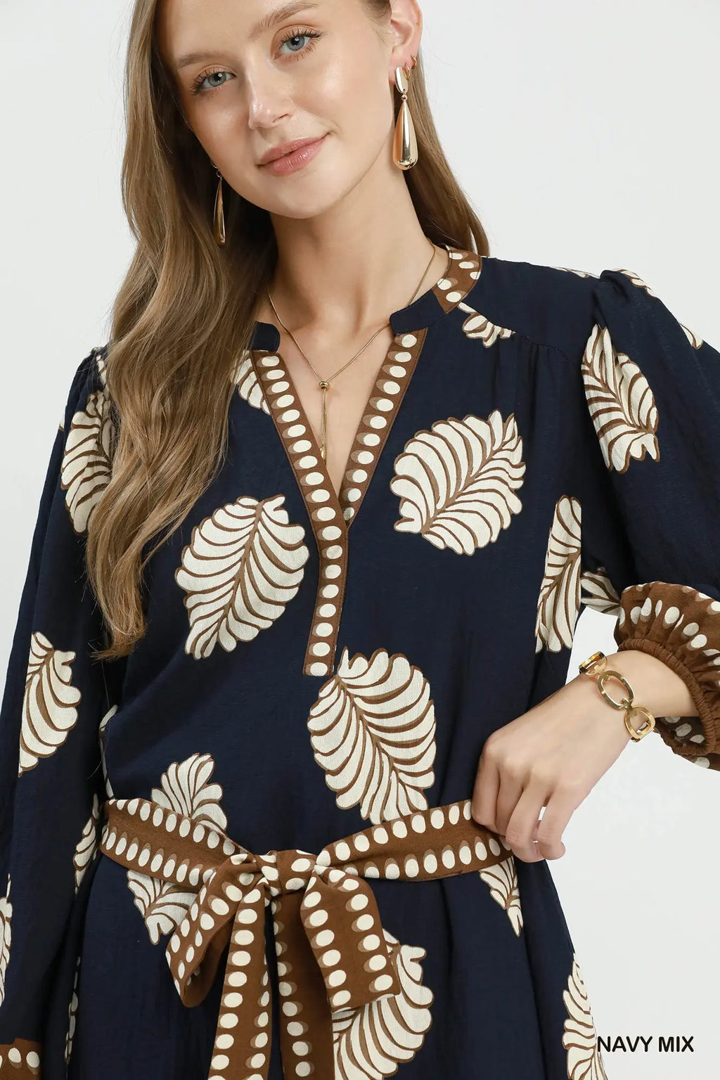 Mix Leaf Print Belted Midi Dress