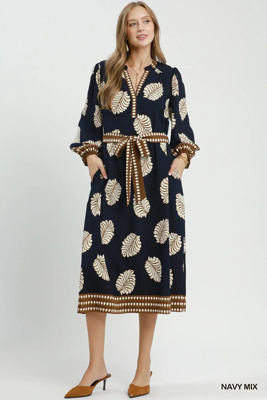 Mix Leaf Print Belted Midi Dress
