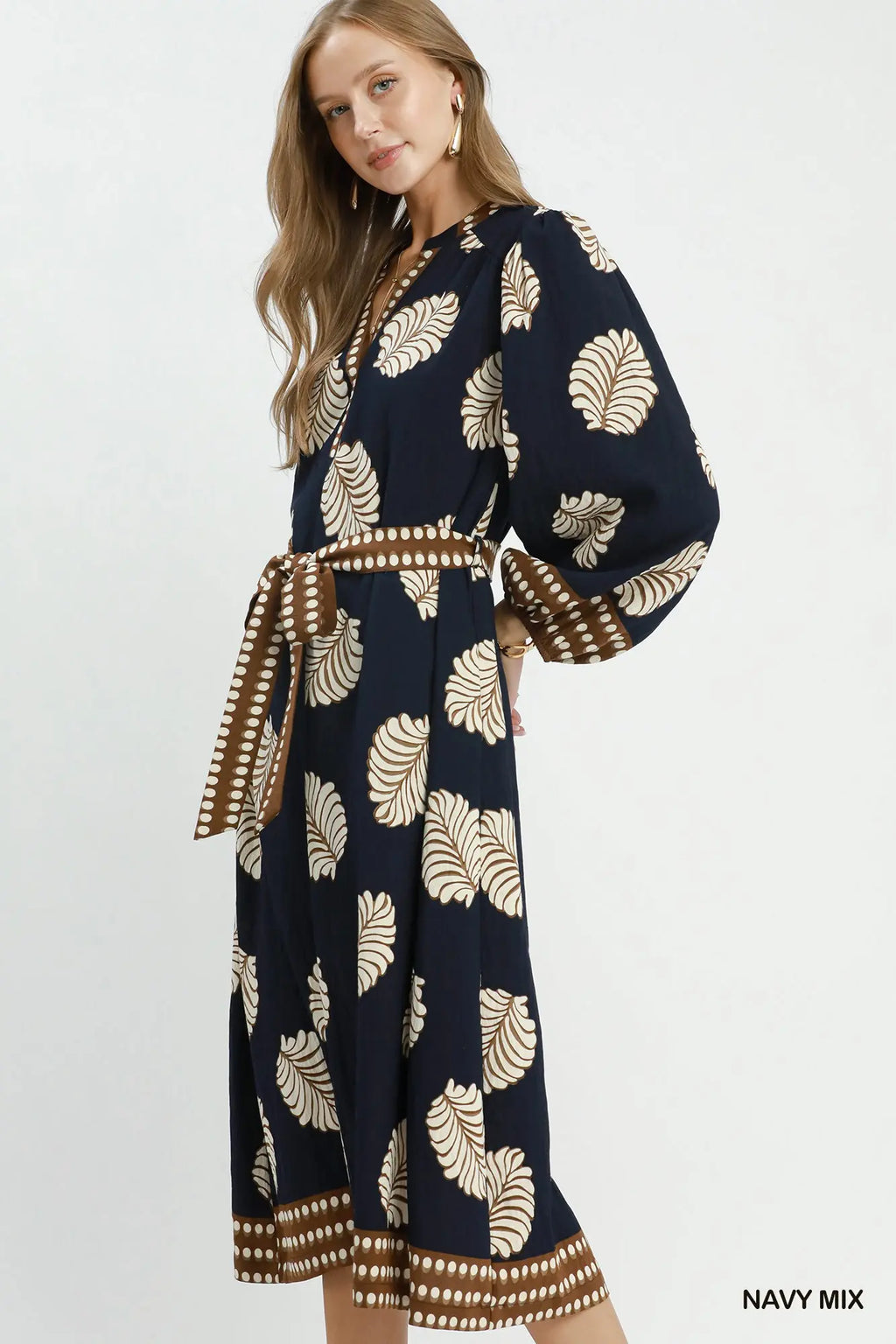 Mix Leaf Print Belted Midi Dress
