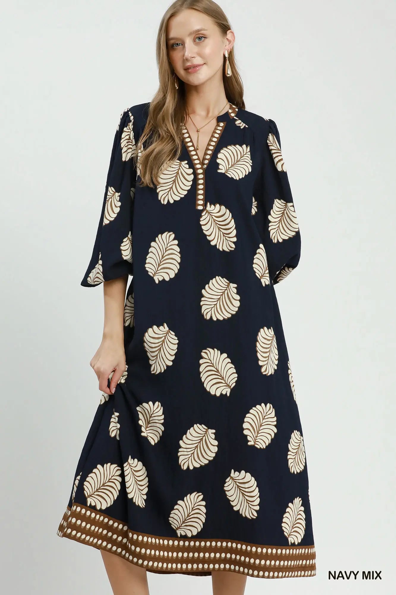 Mix Leaf Print Belted Midi Dress