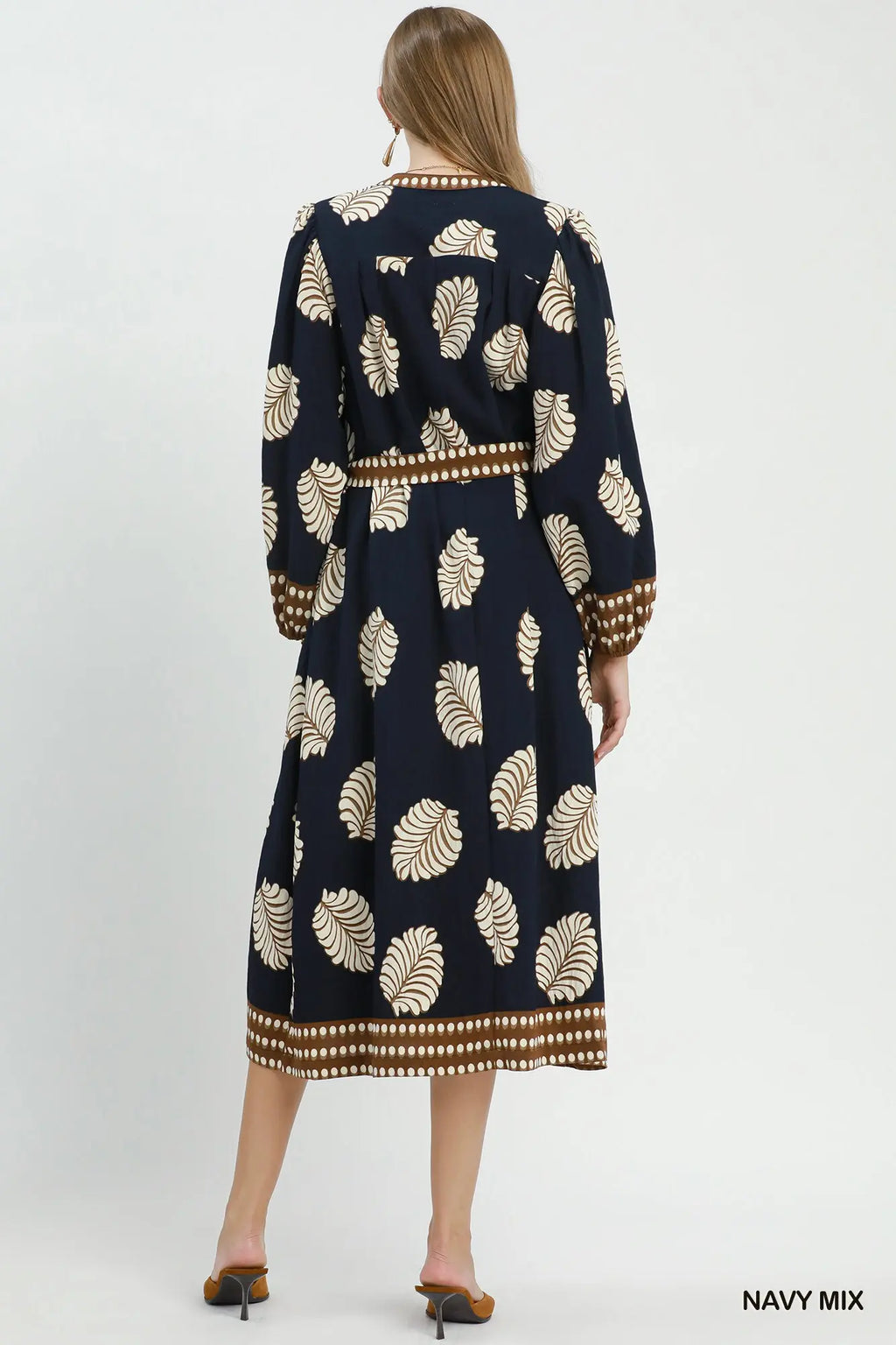 Mix Leaf Print Belted Midi Dress