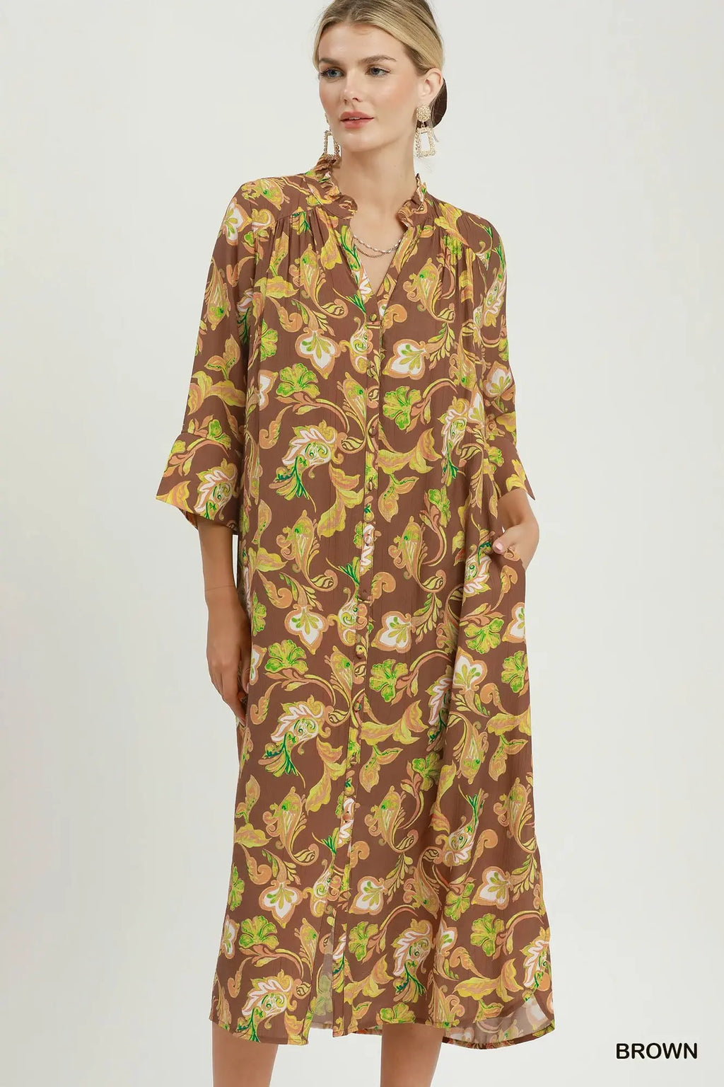Paisley Print Button-Front Maxi Shirt Dress