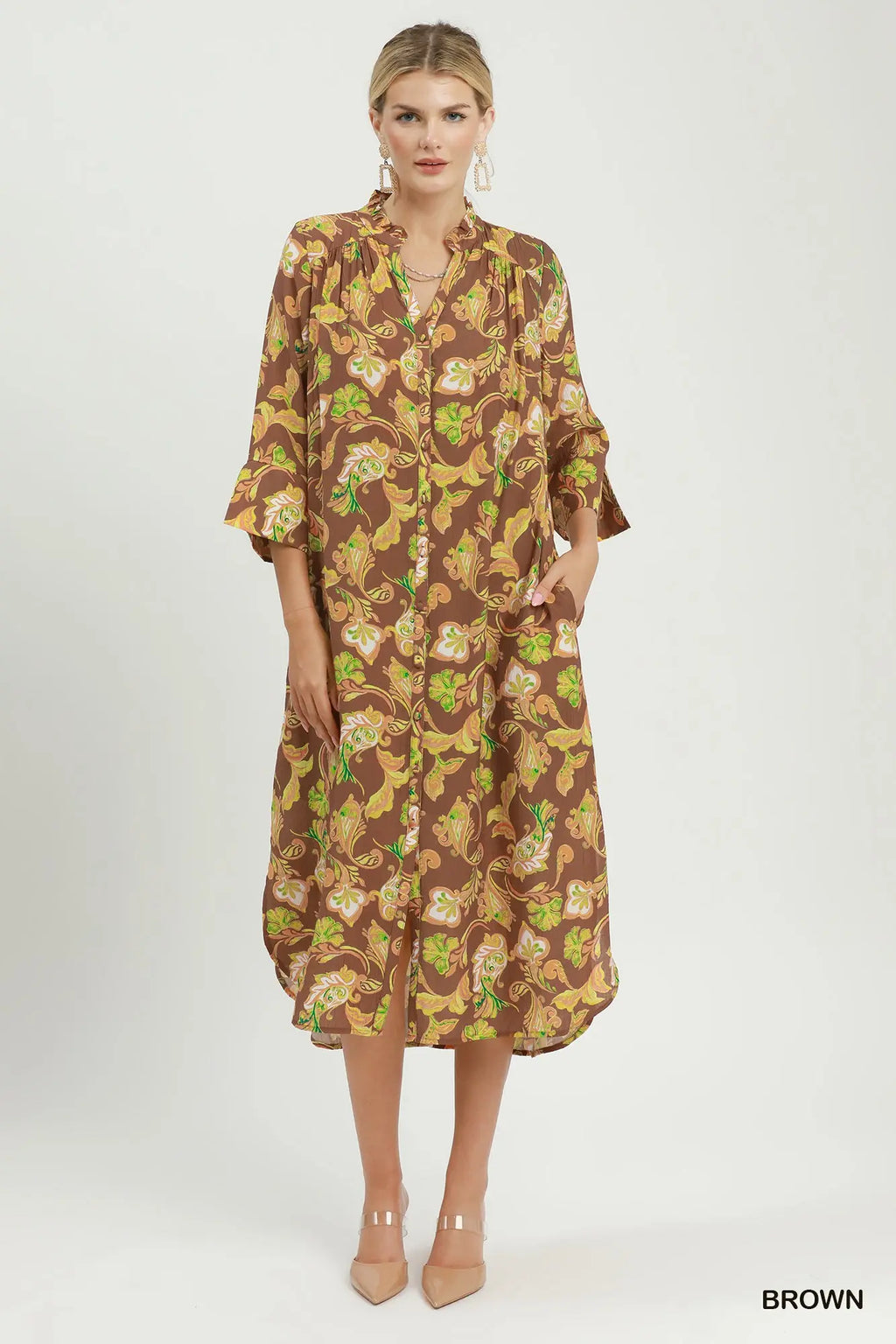 Paisley Print Button-Front Maxi Shirt Dress