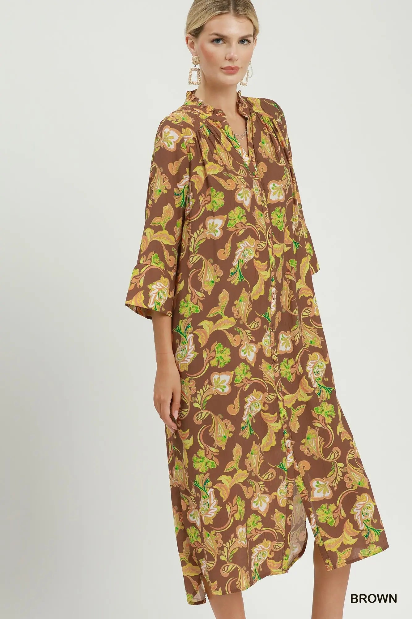 Paisley Print Button-Front Maxi Shirt Dress