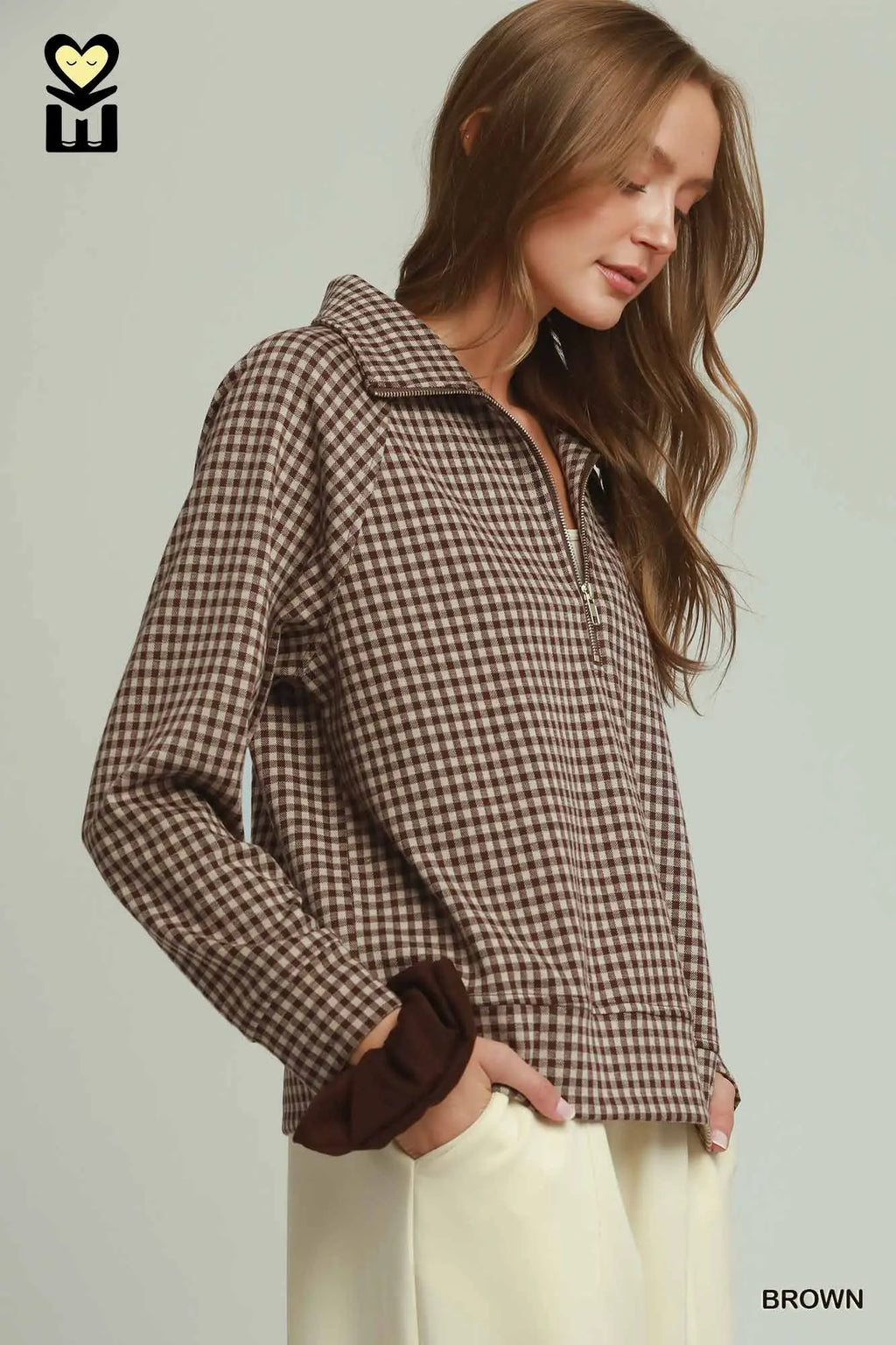 Gingham Half-Zip Long Sleeve Pullover