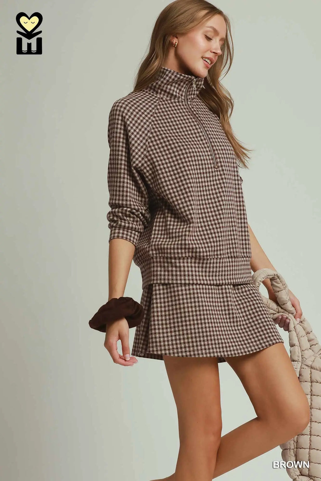 Gingham Half-Zip Long Sleeve Pullover