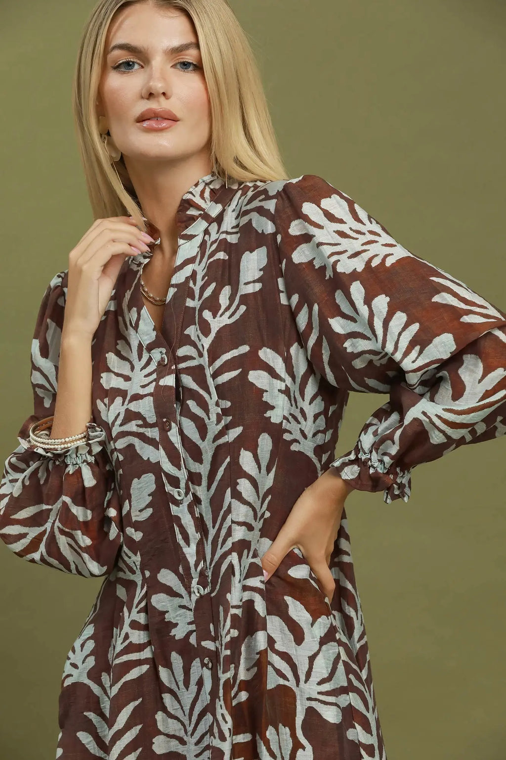 Botanical Button Front Shift Dress