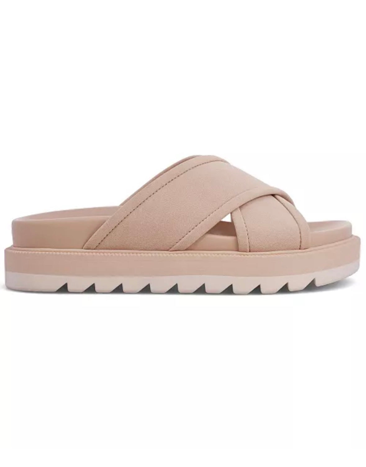 Beige sandal with criss-cross straps on a white background
