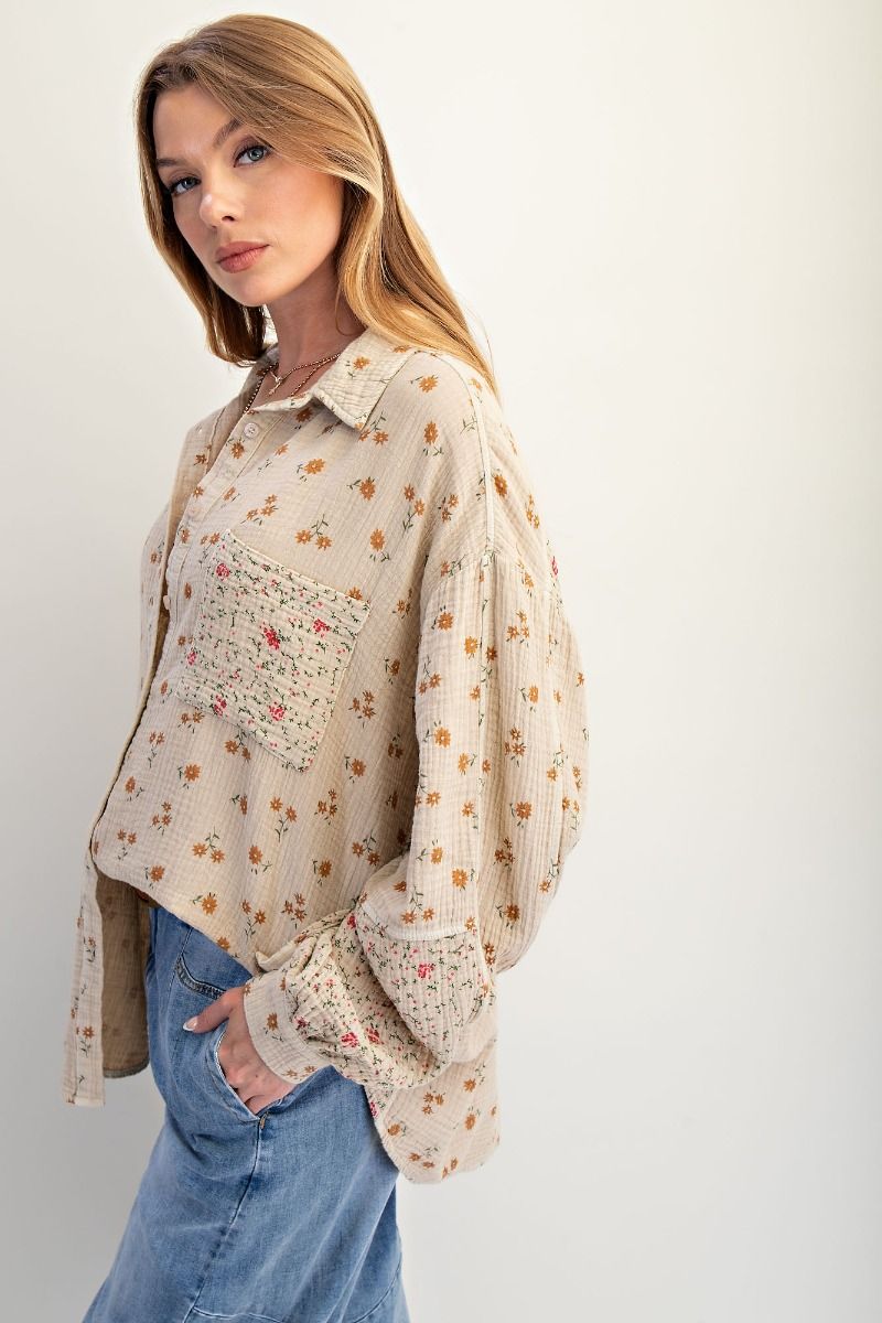 Khaki Cotton Floral Top