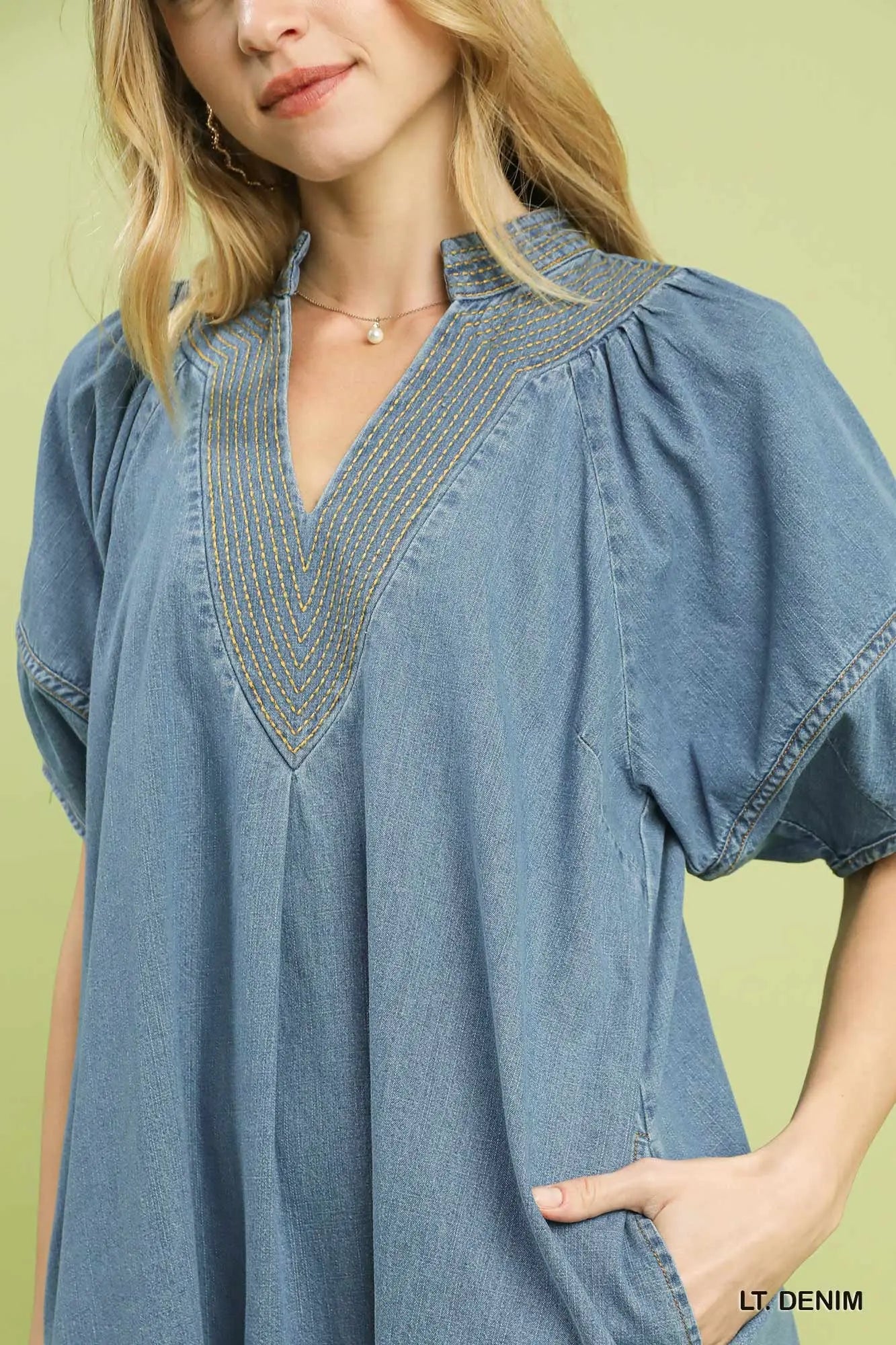 Light denim dress with embroidered details on a green background