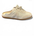 Beige slip-on shoe with mesh design on a white background