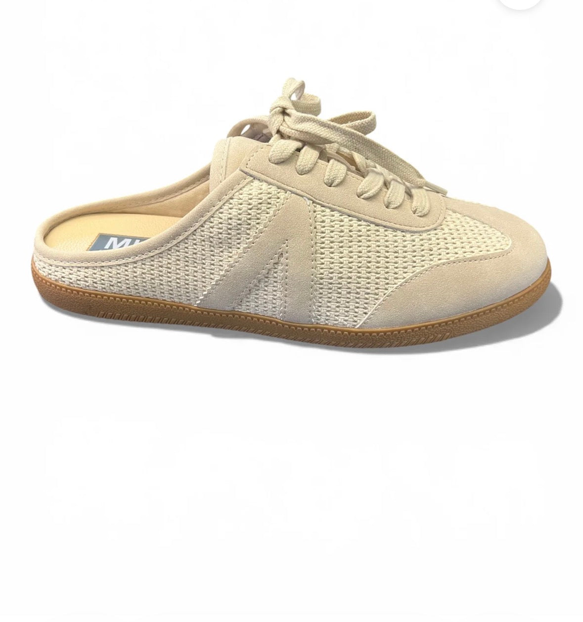 Beige slip-on shoe with mesh design on a white background