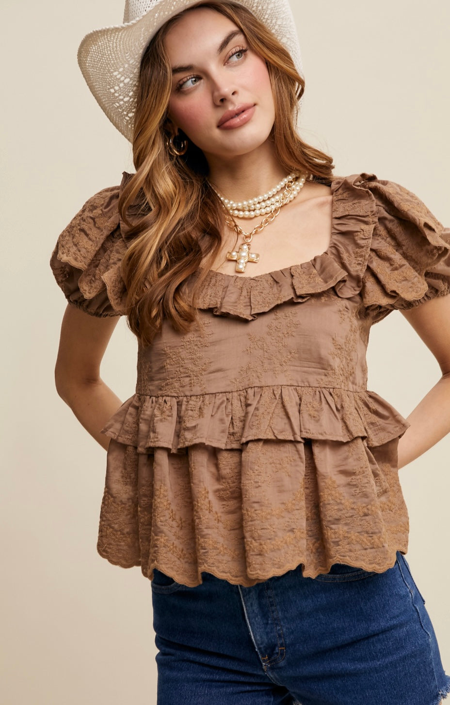 Embroidered Ruffled Peplum Blouse