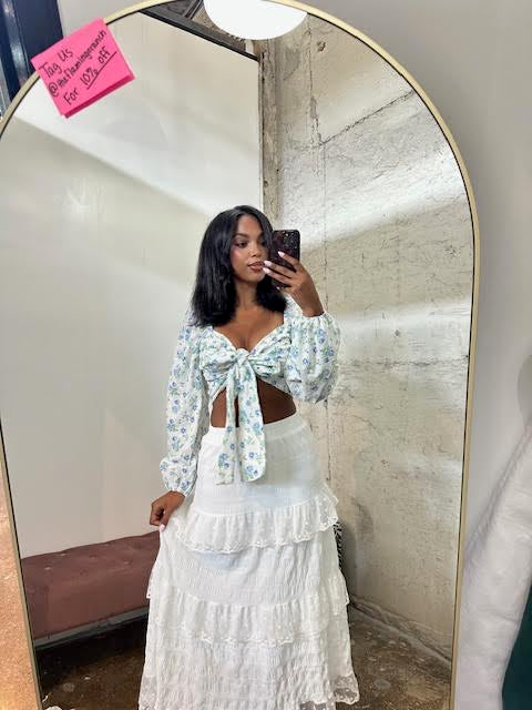 Blue Floral Long Sleeve Tie-Front