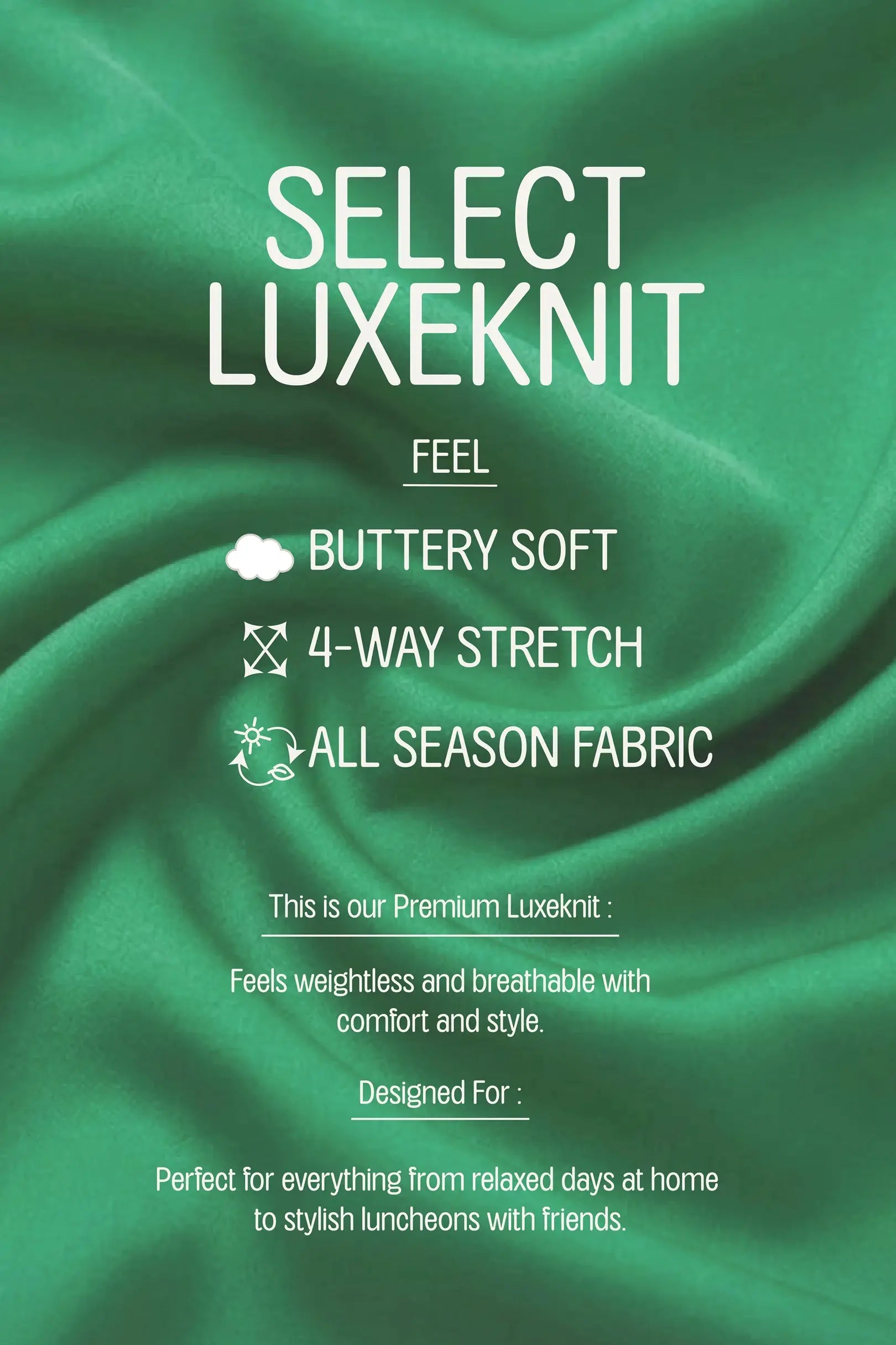 Promotional image of Luxeknit fabric with text highlighting features on a green fabric background.