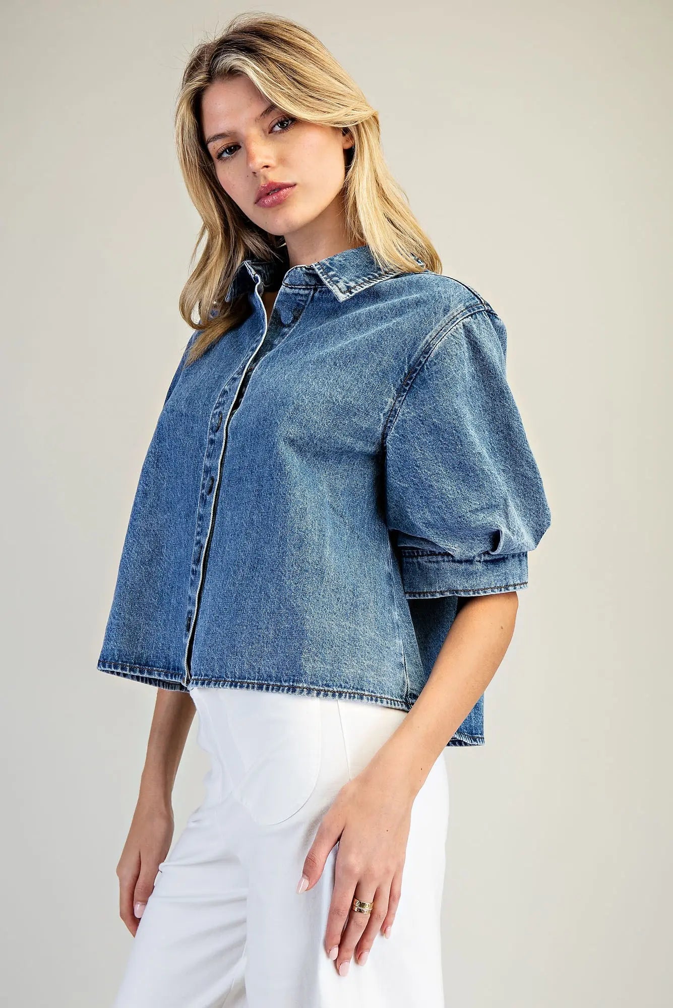 Denim Button Down Puff Sleeve Top