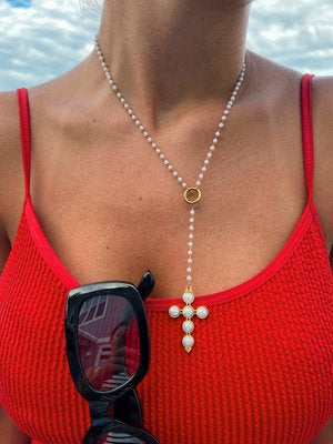 Lariat Pearl Cross Necklace