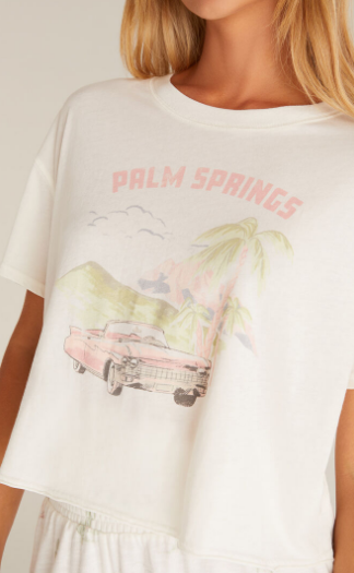White t-shirt with 'Palm Springs' and car graphic worn by a person