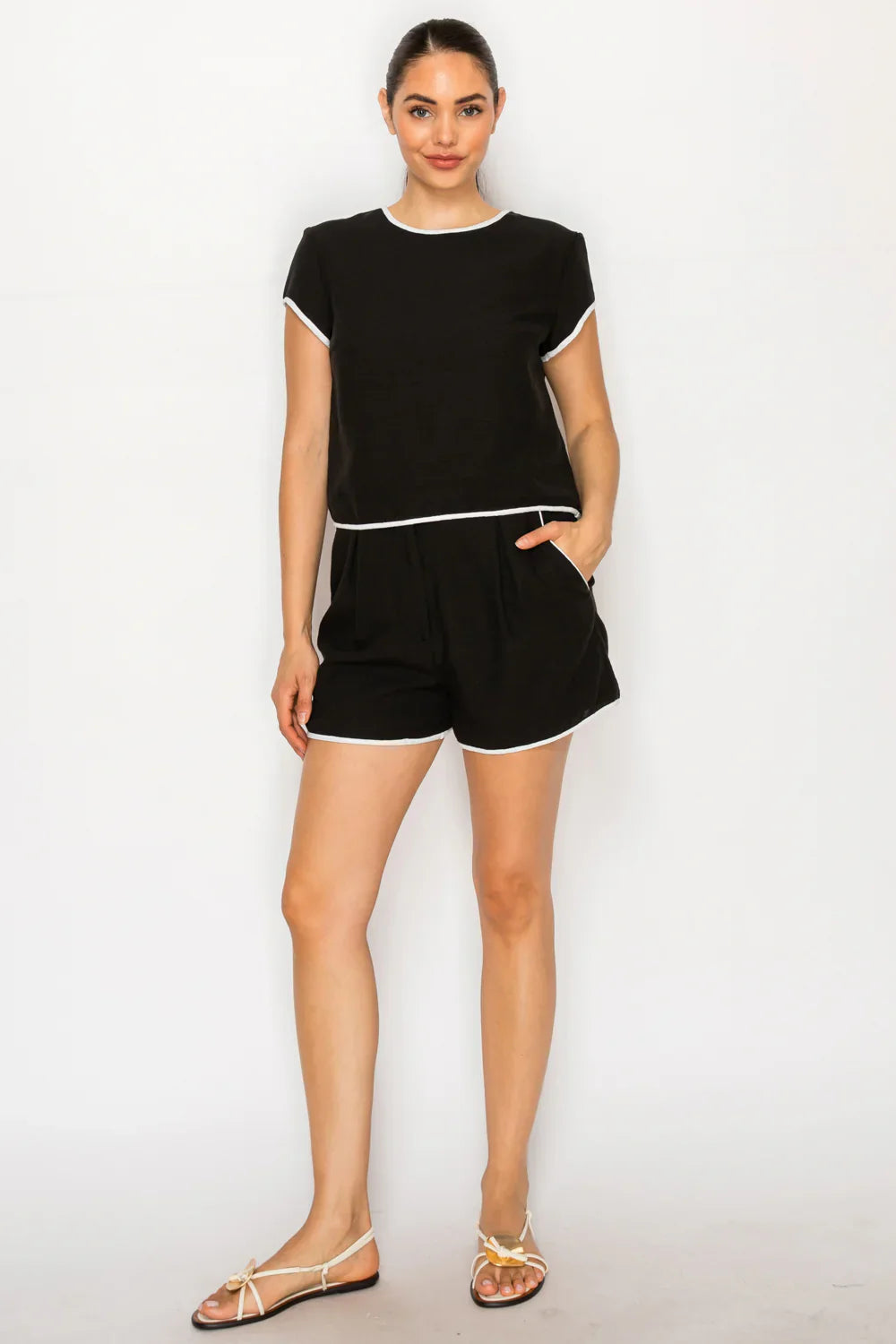 Black White Linen Shorts