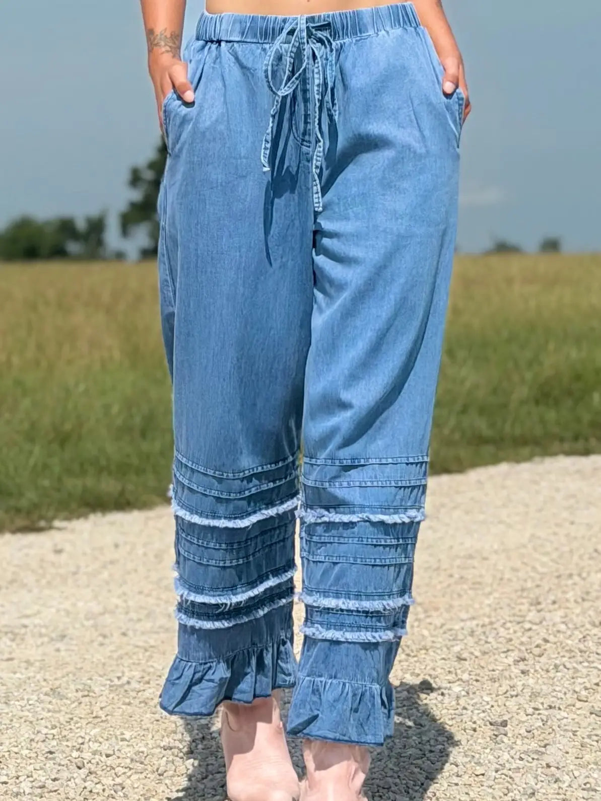 Destiny Ruffled Hem Chambray Pants