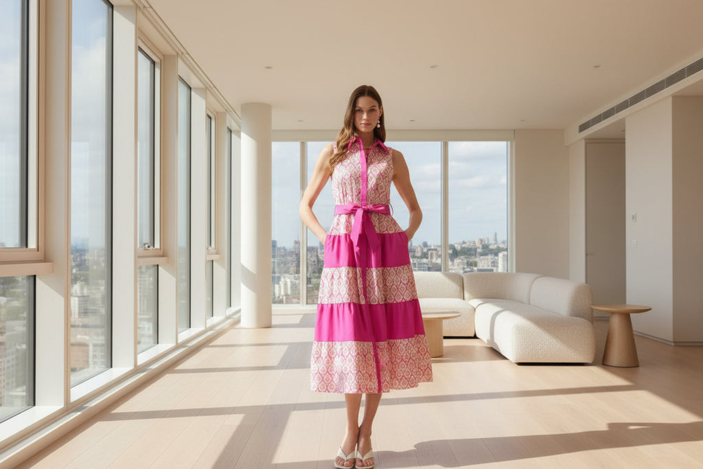 woman wearing tiered dress in penthouse