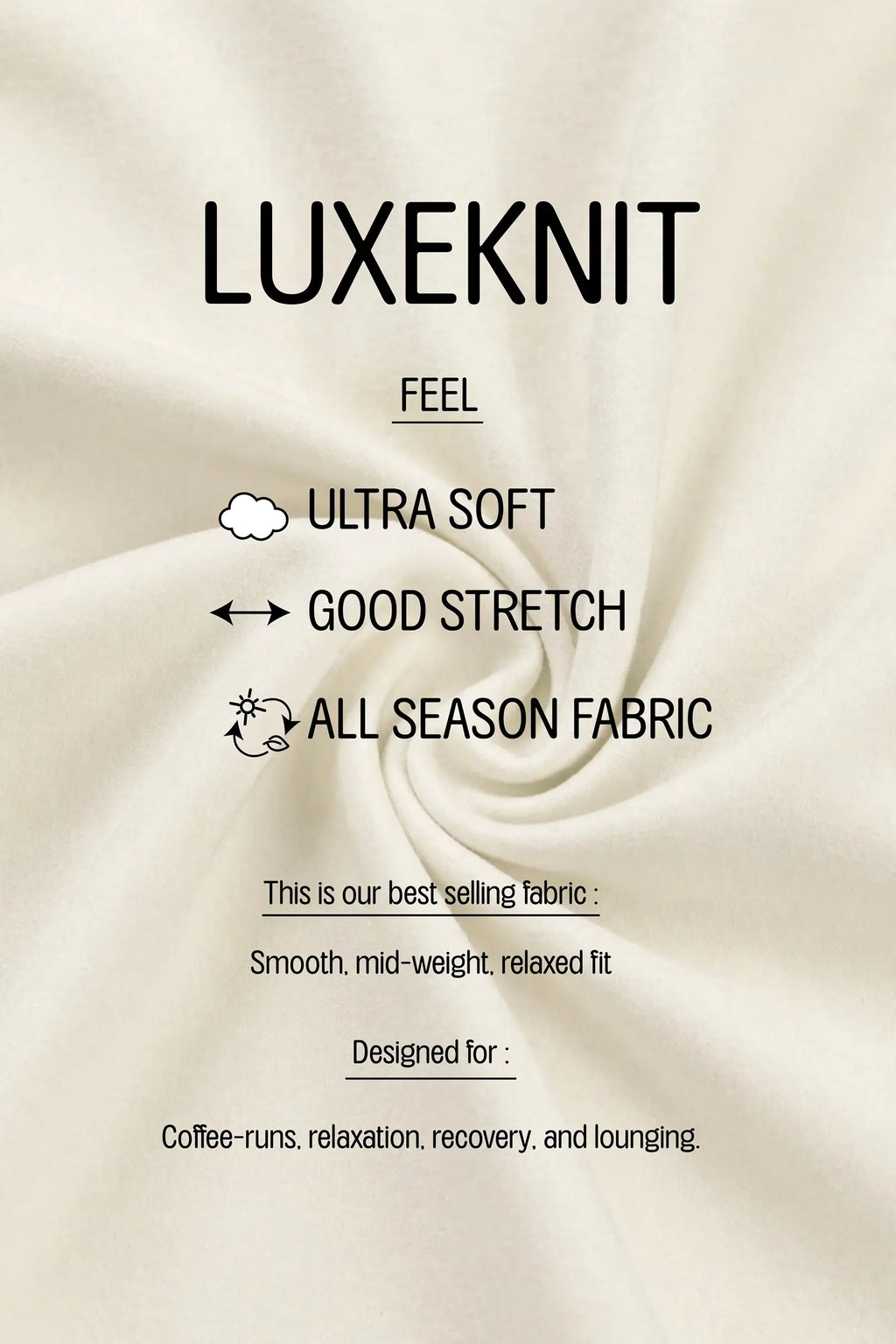 Luxeknit fabric swatch with text describing features on a beige background