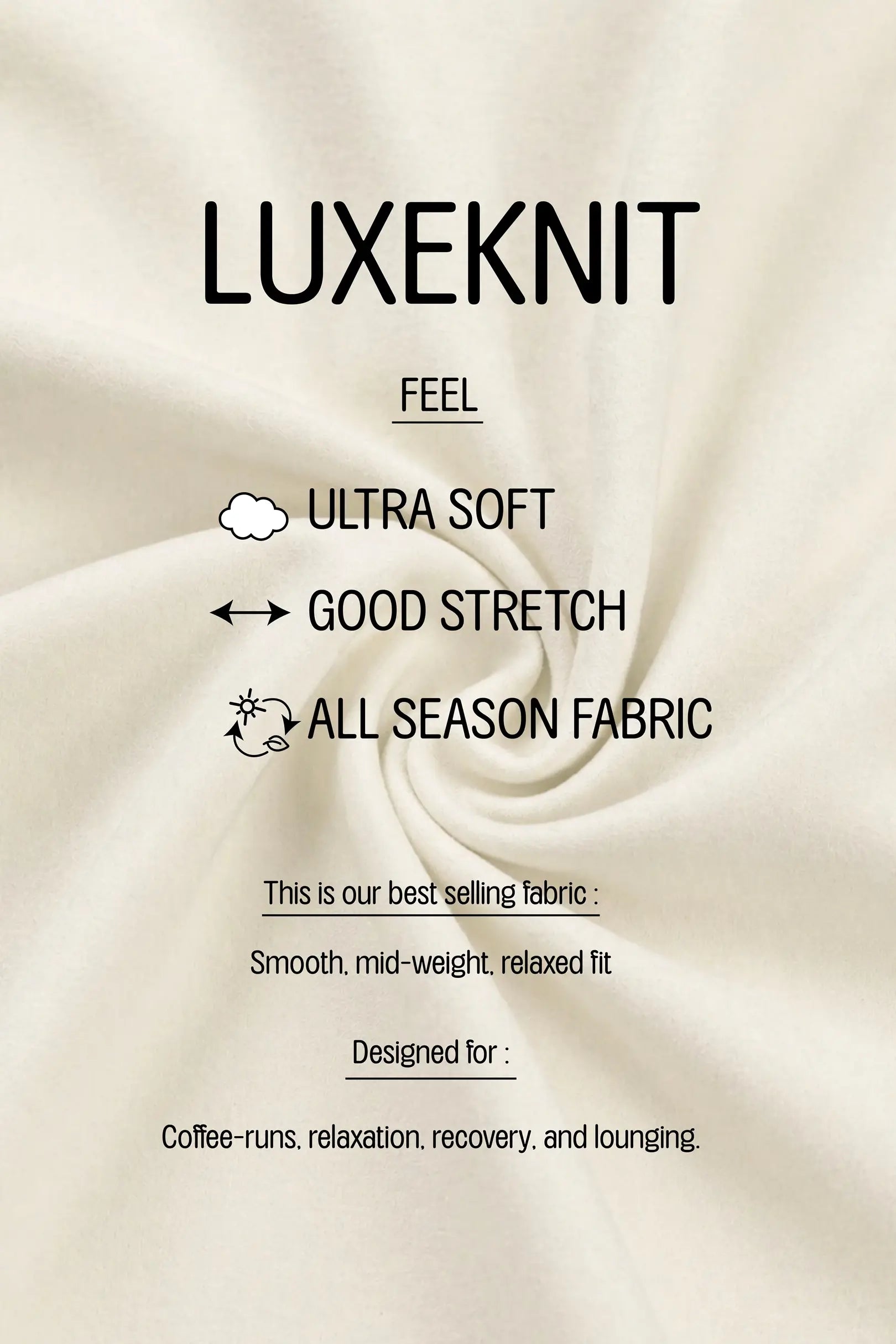 Luxeknit fabric swatch with text describing features on a beige background