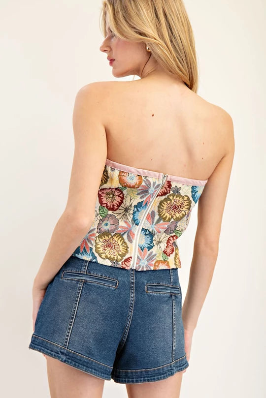 Strapless Floral Tapestry Crop Top