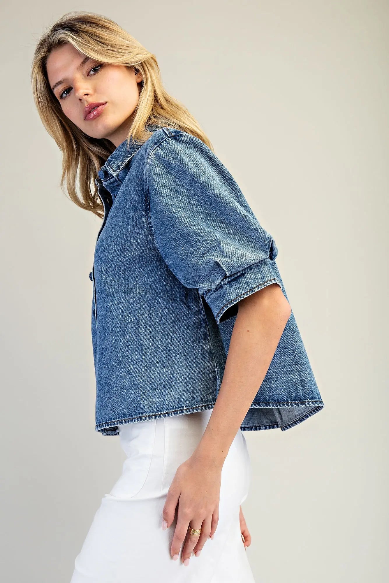 Denim Button Down Puff Sleeve Top