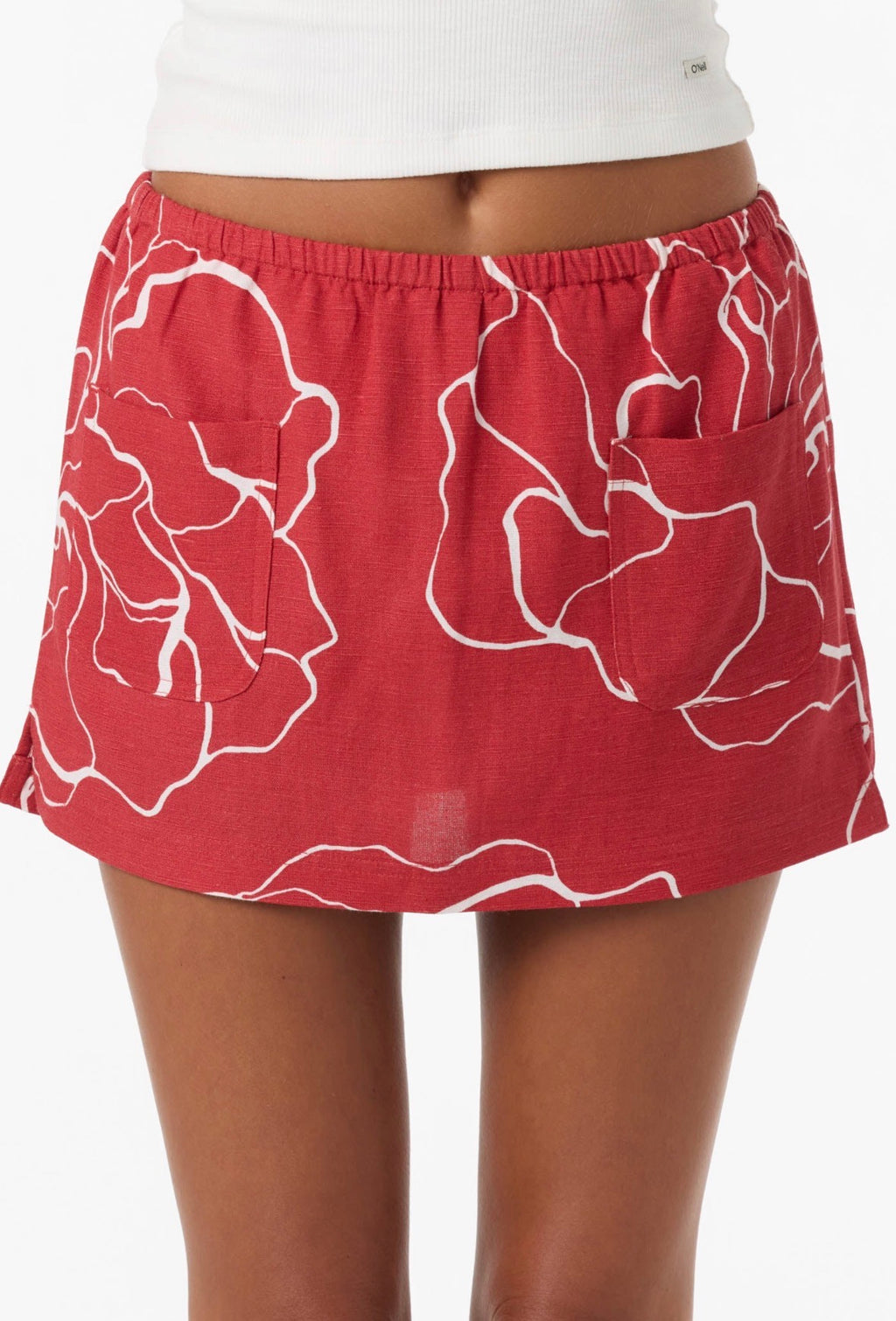 Red floral skirt with white lines on a plain background