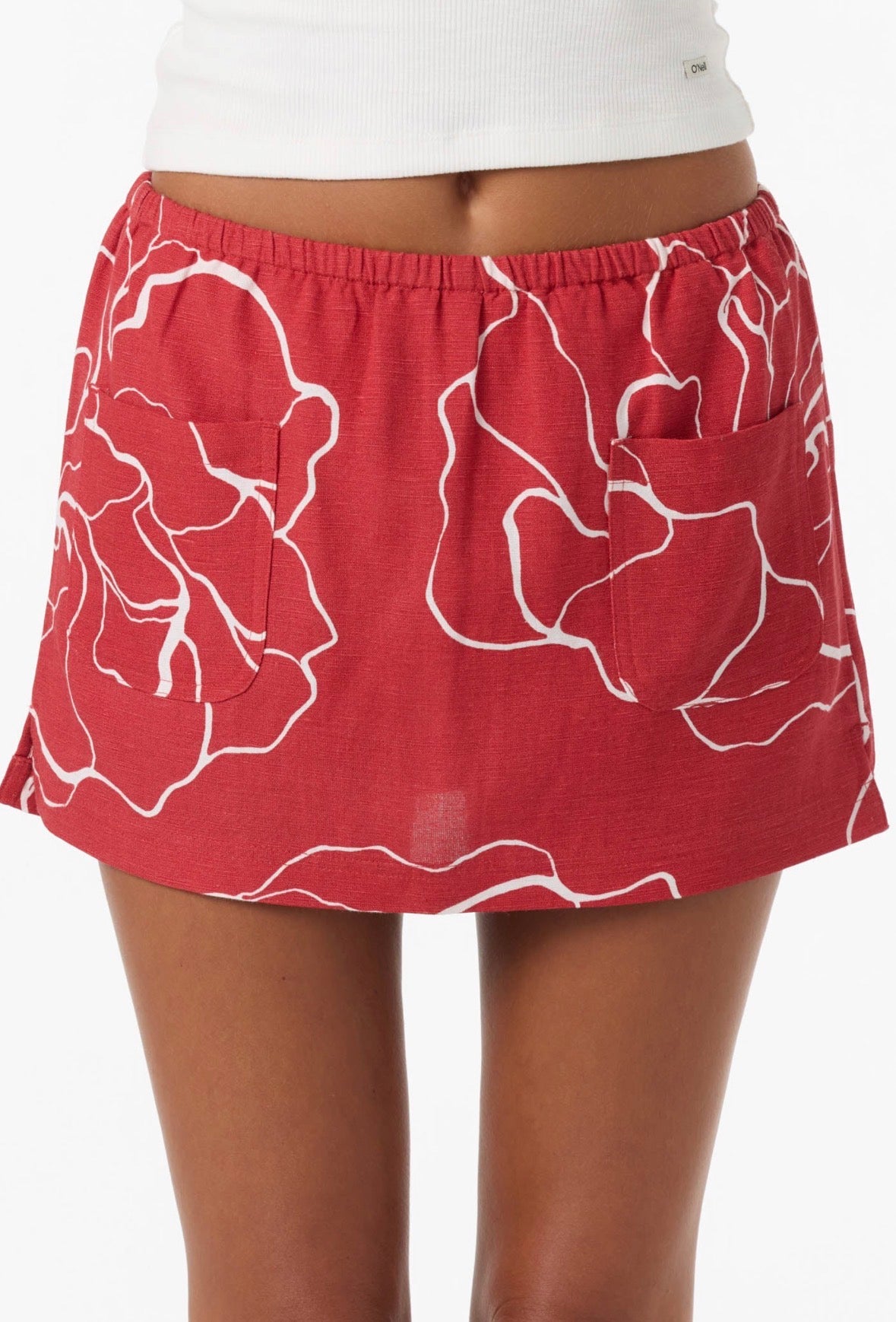 Red floral skirt with white lines on a plain background