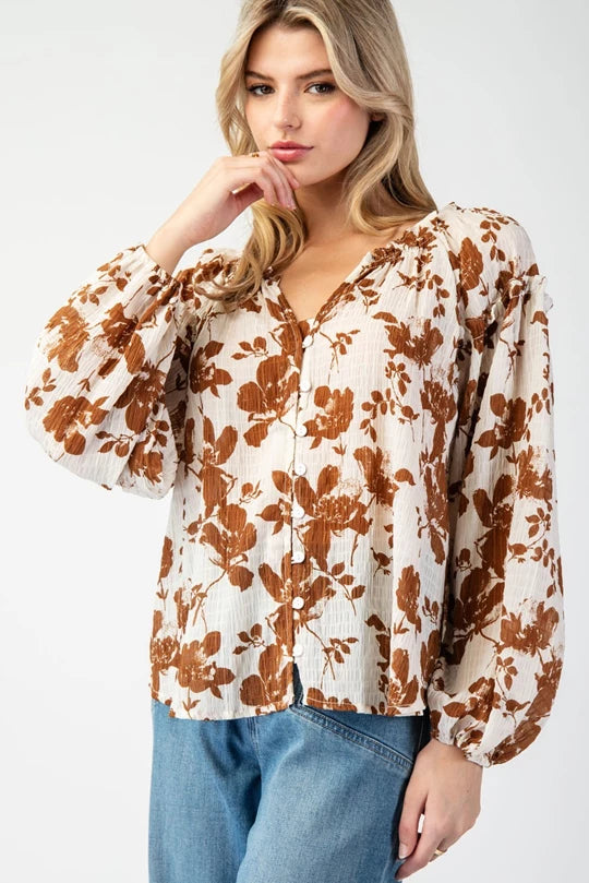 Brown Floral Printed Blouse Top