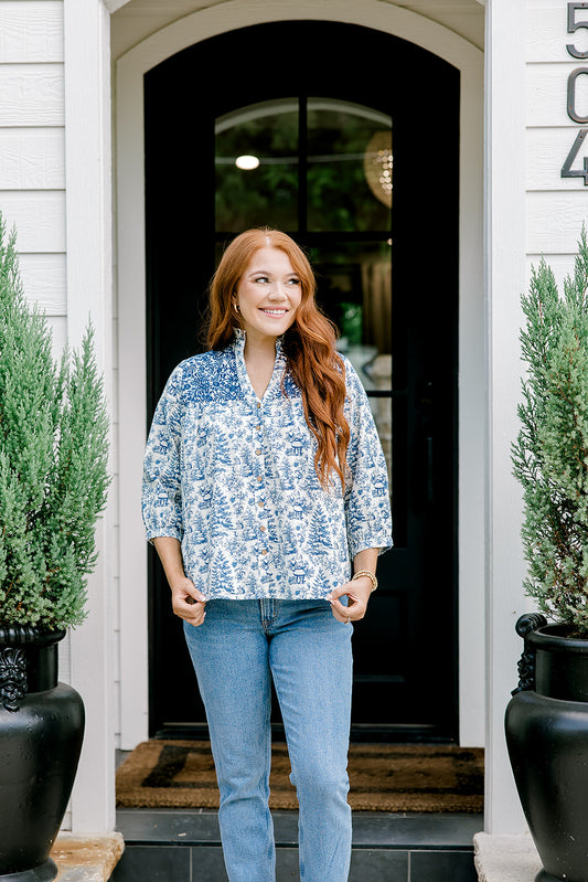 Jane Layerz Top - Blue Santa Toile